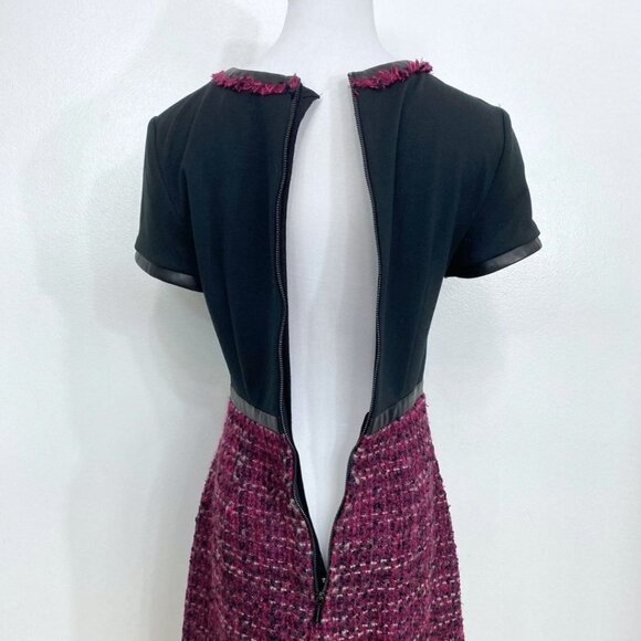 KARL LAGERFELD BLACK BURGUNDY TWEED WOOL BLEND FAUX LEATHER COMBO DRESS - 2 - Picture 5 of 9